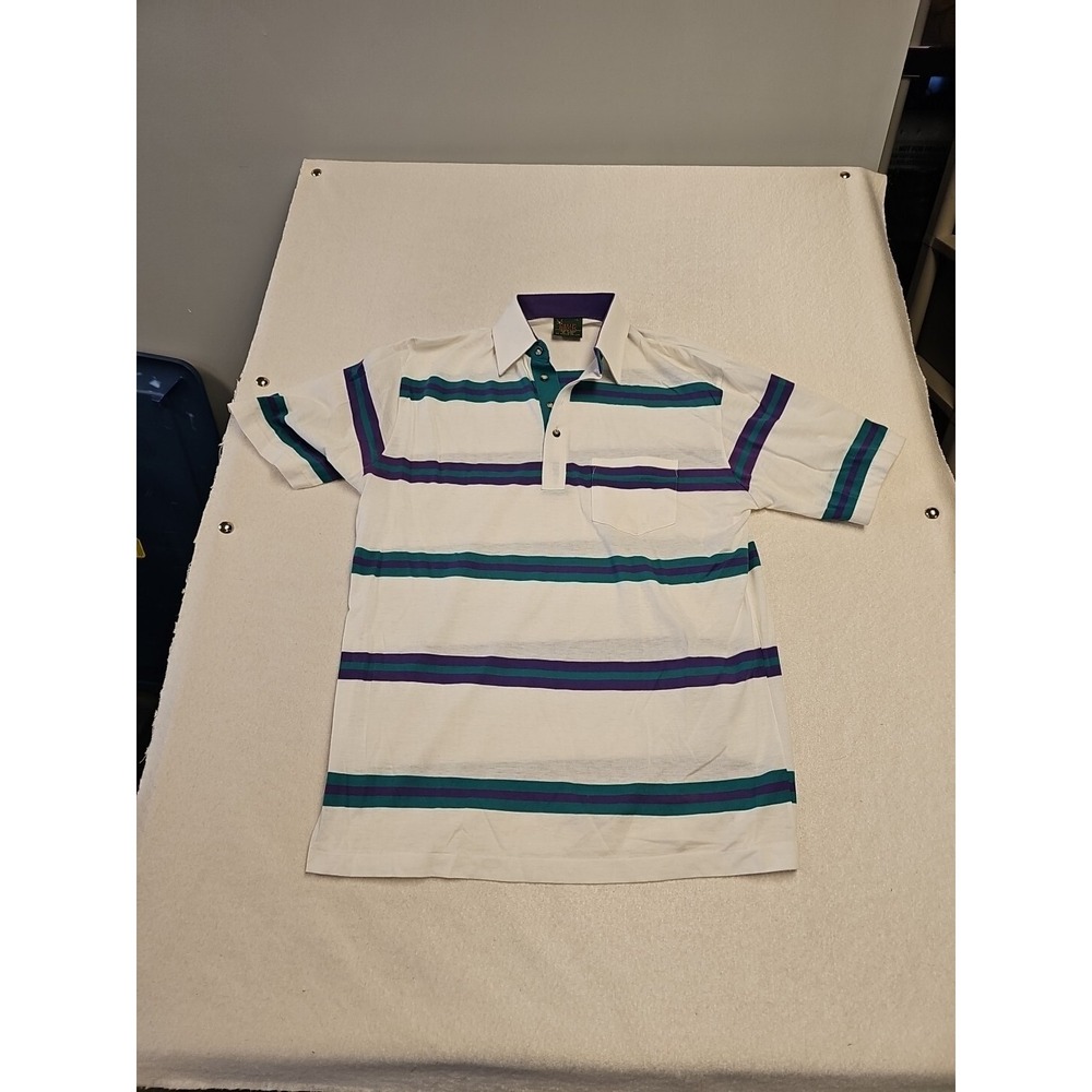 Vintage 80s Chip Back Collection Striped Purple White Polo Shirt Vtg Size L
